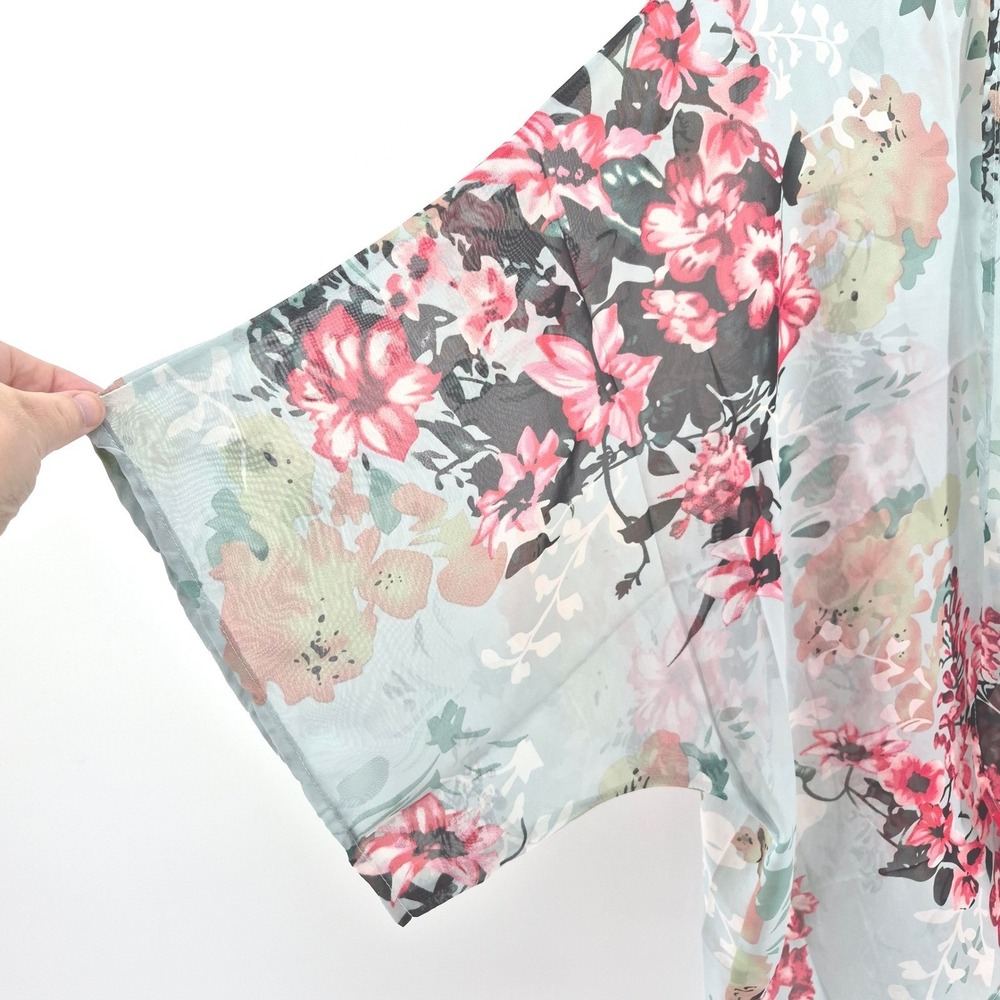 Floral Sheer Kimono Cover Up One Size Mint Blue Pink Boho Beach Resort Festival - Picture 5 of 9